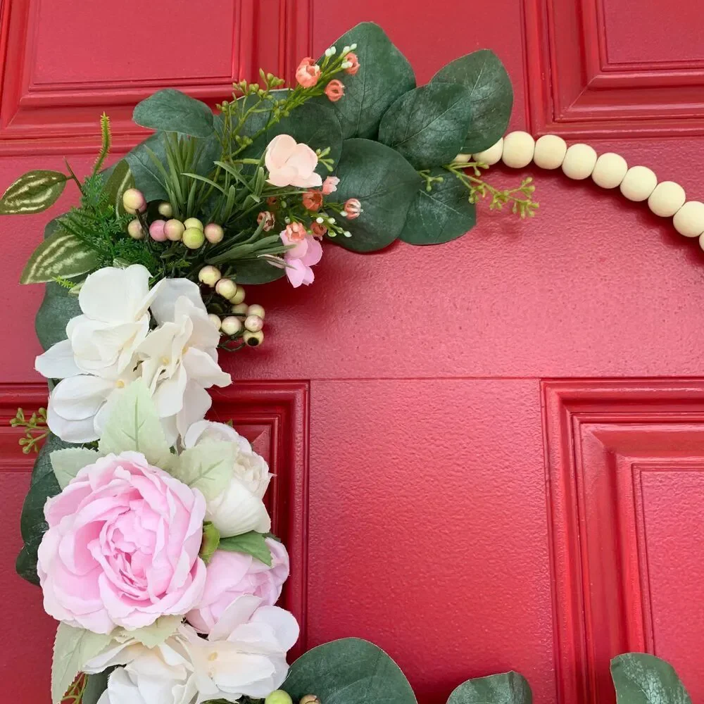 Floral Hoop Wreath: Pink Roses, Eucalyptus, Wood Beads - Boho Farmhouse Decor